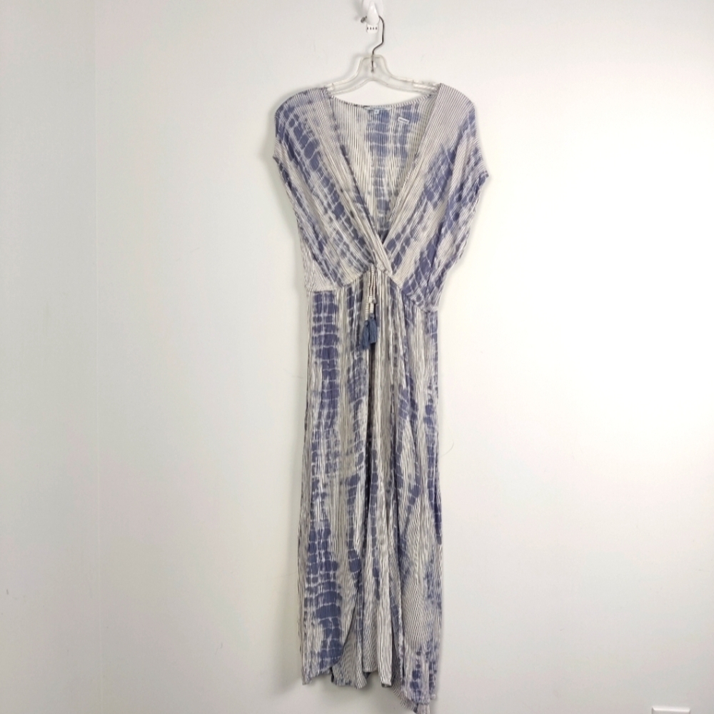 Blue Island Women's Blue Striped Rayon Wrap Maxi Dress Size XL Beach Resortwear